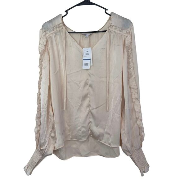 NWT Sam Edelman Varick V-Neck Ruffle Sleeve Satin Blouse Size XL Shifting Sand - Picture 2 of 11